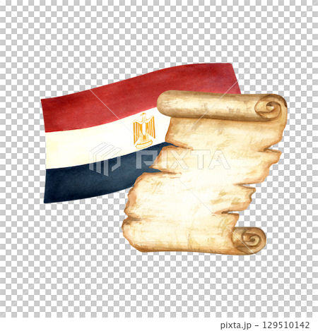 Egyptian symbols. Papyrus scroll and flag of Egypt. Ancient old paper. Watercolor illustration isolated from background. Hand drawn composition for postcard, template for text on state holidays 129510142