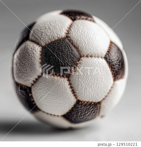 Classic black and white soccer ball resting on a neutral background, capturing timeless sports photography aesthetics 129510221