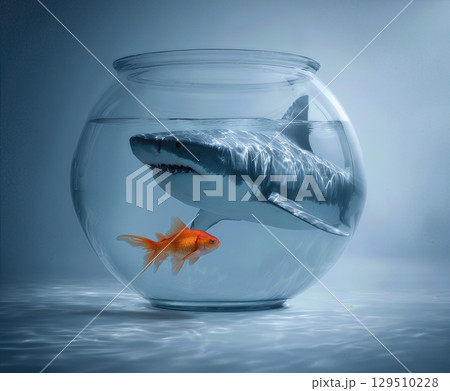 Goldfish swims alongside a large shark in a small aquarium at an art gallery showcasing surreal aquatic art 129510228