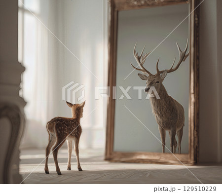 Scandinavian-style room featuring a baby deer curiously gazing at a mirror reflecting a majestic stag 129510229