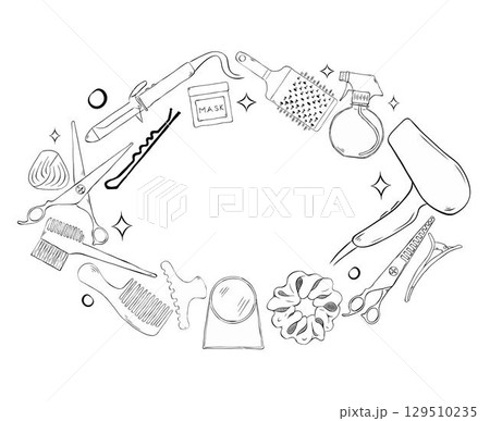 Professional hairdresser tools Hair salon items oval frame. Vector graphic line ink template illustration. Place for your text, logo Sample poster, invitation, holiday banner, postcard. Professional hairdresser tools Hair salon items oval frame. Vector graphic line ink template illustration. Place for your text, logo Sample poster, invitation, holiday banner, postcard. 129510235
