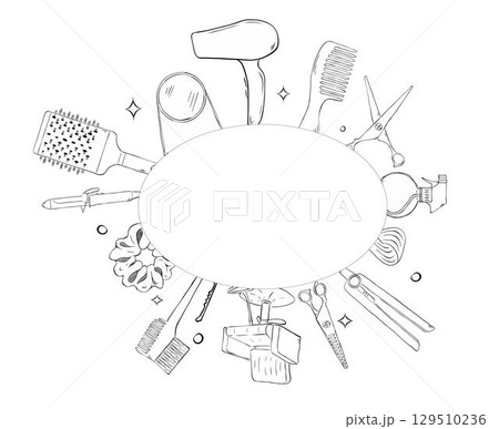 Hair salon items oval frame. Vector graphic line ink template illustration. Place for your text, logo Banner, poster, wrapping paper, sticker, print, modern textile design. Hair salon items oval frame. Vector graphic line ink template illustration. Place for your text, logo Banner, poster, wrapping paper, sticker, print, modern textile design. 129510236