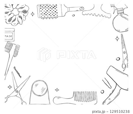 Hair salon items rectangle frame. Vector graphic line ink template illustration. Place for your text, logo For poster, invitation, backdrop, ad, sale promotion, print for t-shirt 129510238