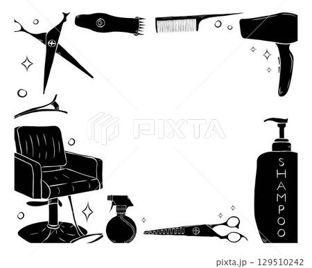 Barbershop tools rectangle frame. Vector graphic line ink template illustration. Place for your text, logo Retro hair dryers, hairbrushes, scissors and different hair accessories. beauty salon. Barbershop tools rectangle frame. Vector graphic line ink template illustration. Place for your text, logo Retro hair dryers, hairbrushes, scissors and different hair accessories. beauty salon. 129510242