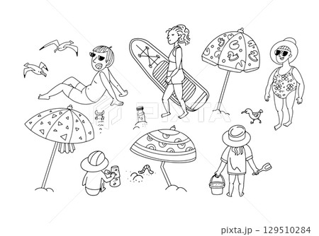 People on beach in summer. Black and white doodle illustration. Contoured, isolated illustration for design on white background. People on beach in summer. Black and white doodle illustration. Contoured, isolated illustration for design on white background. 129510284
