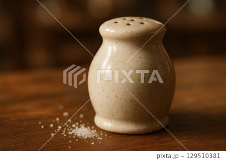 A ceramic salt shaker with coarse salt scattered on a wooden table A ceramic salt shaker with coarse salt scattered on a wooden table 129510381