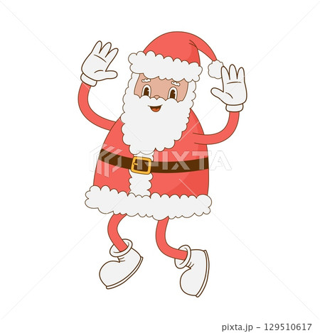 Jumping Santa Claus character vector illustration. Retro cartoon mascot. Christmas, Happy New year greeting card Jumping Santa Claus character vector illustration. Retro cartoon mascot. Christmas, Happy New year greeting card 129510617