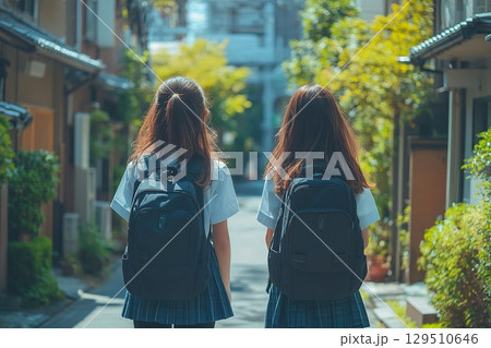 Little Japanese girls with backpacks on their backs and wearing school uniforms walk to school together in the morning. 129510646