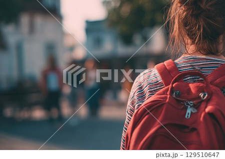 Close-up of a female university student with a red backpack on her back walking to class on a warm autumn day. View from behind, blurred background. 129510647