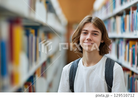 Teenage boy standing between shelves with books in the library. Concept of education, study, school. 129510712