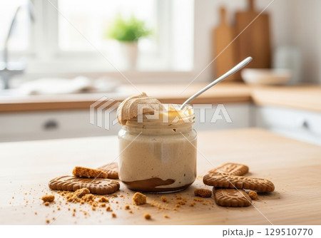 Jar of creamy cookie butter spread with speculoos biscuits on a wooden kitchen counter 129510770