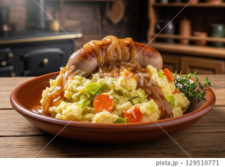 Belgian stoemp with sausage mashed potatoes carrots and leeks in a rustic bowl with gravy 129510771