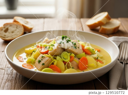 Traditional belgian waterzooi chicken stew with vegetables in a bowl on a wooden table 129510772