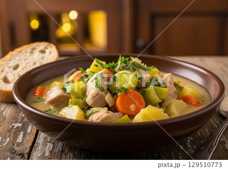 Hearty bowl of classic belgian waterzooi with chicken, leeks and carrots on a rustic table 129510773