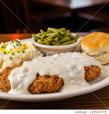 Chicken fried steak with mashed potatoes and green beans a classic southern comfort food meal 129510774
