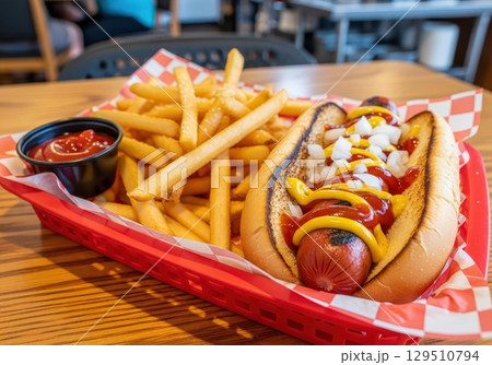 Classic grilled hot dog with ketchup, mustard and onions served with a side of french fries 129510794