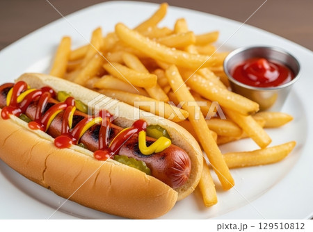Classic grilled hot dog with ketchup mustard and pickles served with a side of french fries 129510812