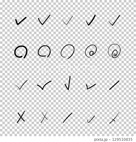 手寫的複選標記和十字圖標集：任務管理、調查等。 129510835