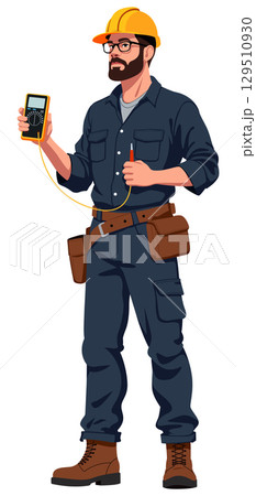 Electrician Man Holding Multimeter Meter Tool Electrician Man Holding Multimeter Meter Tool 129510930