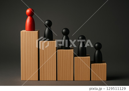 A red wooden figurine standing elevated in front of black figurines symbolizing leadership, authority, and influence 129511129