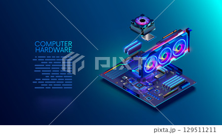 Computer parts hovered over the motherboard. Assembly, maintenance, repair of computer equipment. Composition of the motherboard, video card, processor, RAM, cooler, power supply. isometric concept. 129511211