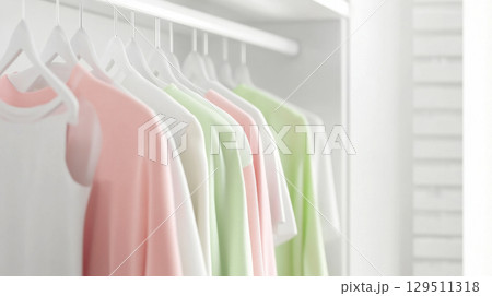 Light pastel clothes on rail, soft colors and minimal design background 129511318