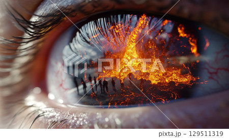 Close-up of human eye reflecting fiery volcanic eruption, concept of natures power 129511319