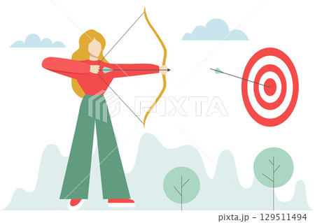Archer Aiming Arrow at Target in Outdoor Scene Archer Aiming Arrow at Target in Outdoor Scene 129511494