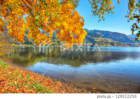 Amazing autumn view of lake and yachts in city Sell Am See. 129512250