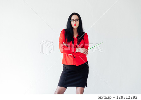 Brunette teacher in red blouse pointer stick Brunette teacher in red blouse pointer stick 129512292