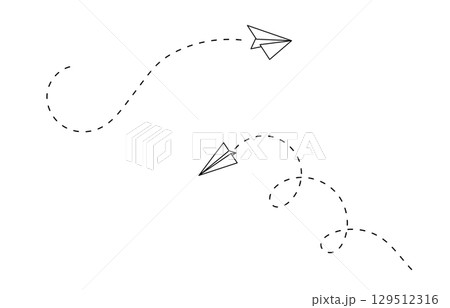 Line path of flying paper plane for air or email journey by vector flight art. Aeroplane or jet craft glides with outline, trail, and minimal toy design. 129512316