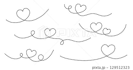 Dotted line heart path. Set of love decorative elements, romantic dashed lines for Valentine's Day, for wedding or anniversary. Dotted line heart path. Set of love decorative elements, romantic dashed lines for Valentine's Day, for wedding or anniversary. 129512323