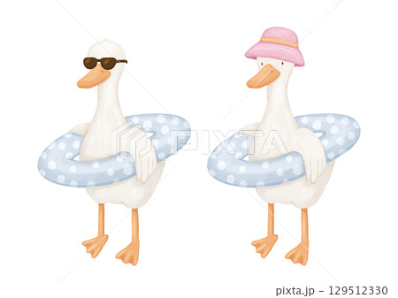 Watercolor funny cute goose on the beach. Hand drawn illustration isolated on white background for childish book and card 129512330