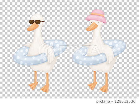 Watercolor funny cute goose on the beach. Hand drawn illustration isolated on white background for childish book and card 129512330