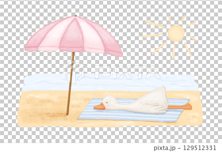 Watercolor funny cute goose in a hat and sunglasses in a lifebuoy, ready to swim in the sea. Hand drawn illustration isolated on white background for childish book and card Watercolor funny cute goose in a hat and sunglasses in a lifebuoy, ready to swim in the sea. Hand drawn illustration isolated on white background for childish book and card 129512331