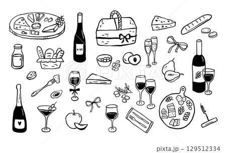Wine and appetisers minimalist drawings. Mediterranean restaurant menu background. Slow living concept, crayon illustrations set, charcuterie 129512334