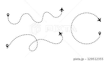 Plane flight with path on air map. Route and trip traced by dot toward the airport or destination. 129512355