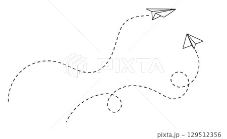 Paper plane with line path for flight or fly through air by vector outline. Aeroplane or jet shown with track and craft shape 129512356