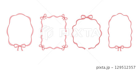 Hand drawn ribbon and bow with whimsical frame for cute valentine card or vintage wedding menu. Decorative border and pink line by coquette style. 129512357