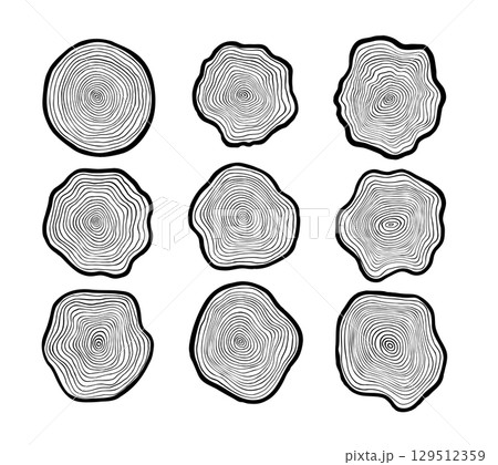 Tree ring black vector icon, simple illustrations set, wood slice with pattern 129512359
