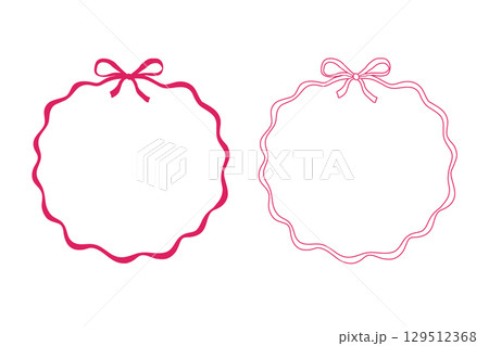 Hand drawn circle frame with bow and whimsical ribbon. Decorative pink vintage border in coquette style. 129512368