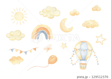 Watercolor hot air balloon with flags garland, rainbow and moon. Hand drawn isolated illustration for children. Cute drawings set, clouds, sun, star Watercolor hot air balloon with flags garland, rainbow and moon. Hand drawn isolated illustration for children. Cute drawings set, clouds, sun, star 129512370