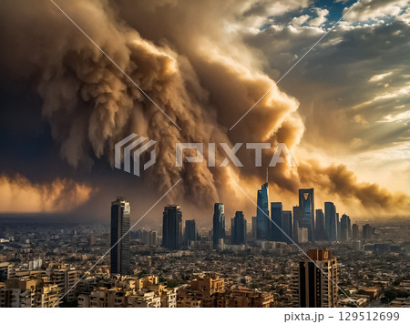 Aerial view of sandstorm approach the big city in the evening. 129512699