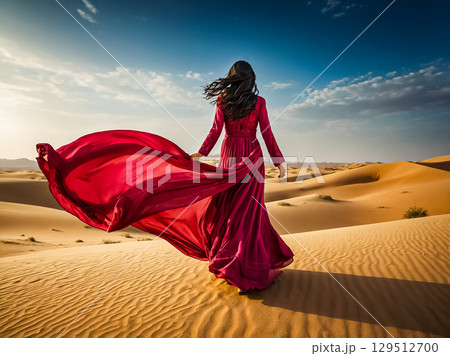 Back view of an arabian woman tn red dress standing on a sand dune in windy desert in the evening. 129512700