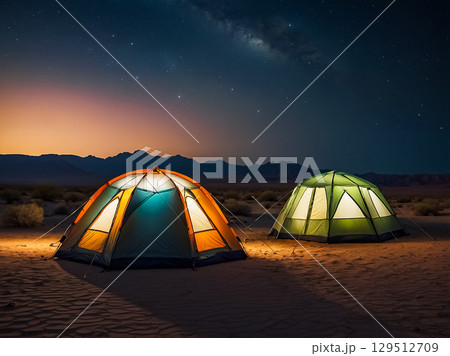 View of light illuminated colorful tents in a desert under the starry night sky with milky way. 129512709