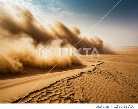 View of a vast desert is engulfed in a towering cloud of sand of a massive sandstorm in summer sunny day. 129512710