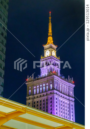 Close-up of Palace of Culture and Science Spire at Night, Warsaw 129513014