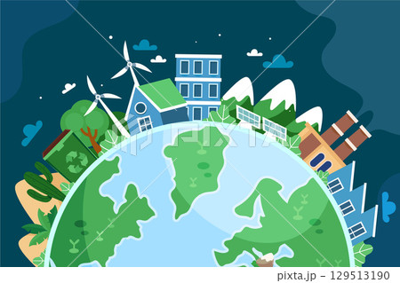 Eco Flat Background with Houses Over the World Eco Flat Background with Houses Over the World 129513190