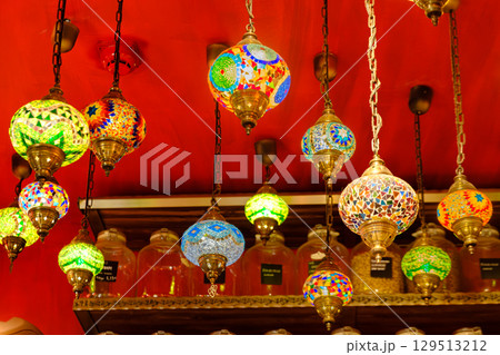 Ornate Stained-Glass Mosaic Lamps in a Thessaloniki Shop 129513212