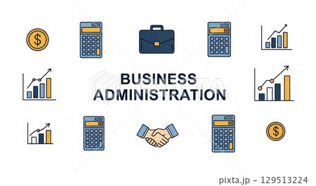 Business Administration Concept with Financial Icons and Charts 129513224
